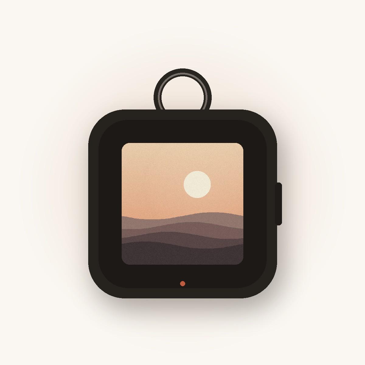 Mempod e-ink keychain showing a photo of two people